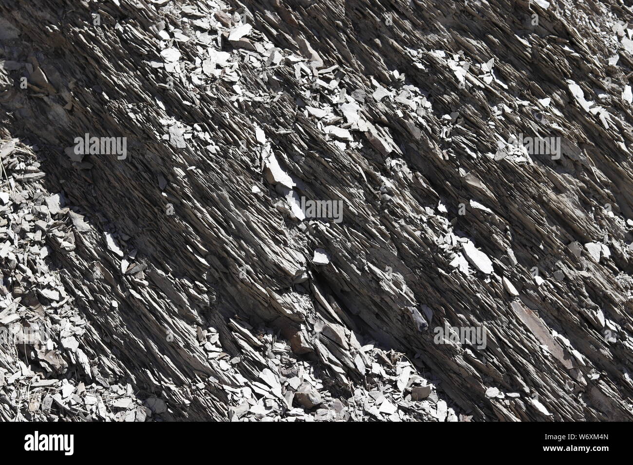 Textur von grauem Schiefer Stein in den Alpen der Schweiz gefunden. Stockfoto