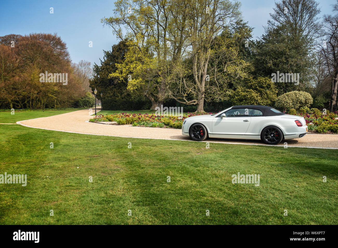 White Bentley Continental GTC Supersport mit schwarzem Verdeck Stockfoto