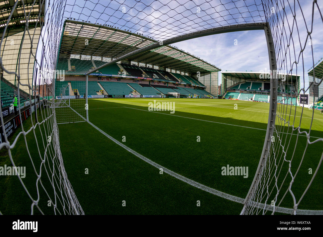 3. Aug. 2019, Easter Road Stadium, Leith, Edinburgh, Schottland, Scottish Premier League Fußball Hibernian Football Club versus St Mirren; Allgemeine Ansicht eines sonnigen Easter Road Stadium Stockfoto