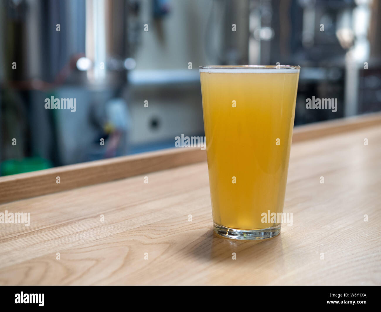 Pint Glas blonde Bier vor der Fermentation Tanks und Brauereianlagen Stockfoto