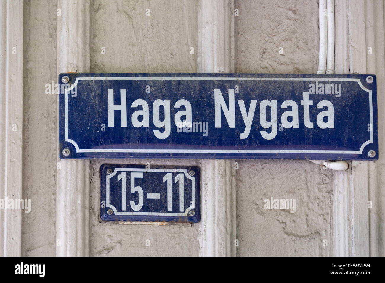 Göteborg, Schweden - 19 Juli, 2019: Blick auf das Schild Haga Nygata in Göteborg, Schweden. Stockfoto