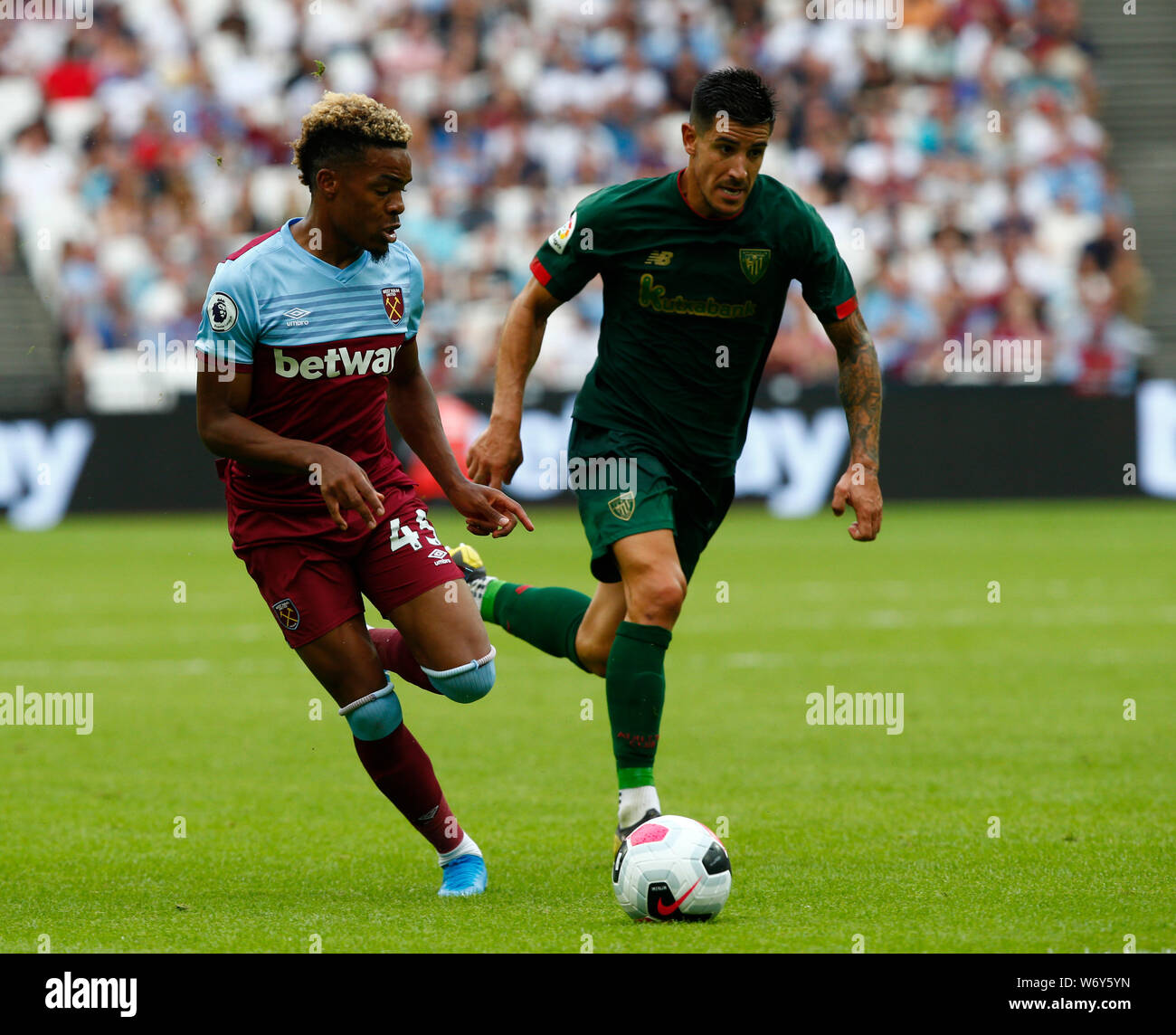 London, Großbritannien. 03 Aug, 2019. London, United Kingdom, August 03 West Ham United Grady Diangana bei Betway Pokalspiel zwischen West Ham United und Athletic Club Bilbao Stadion in London, London, England am 03. August 2019. Credit: Aktion Foto Sport/Alamy leben Nachrichten Stockfoto