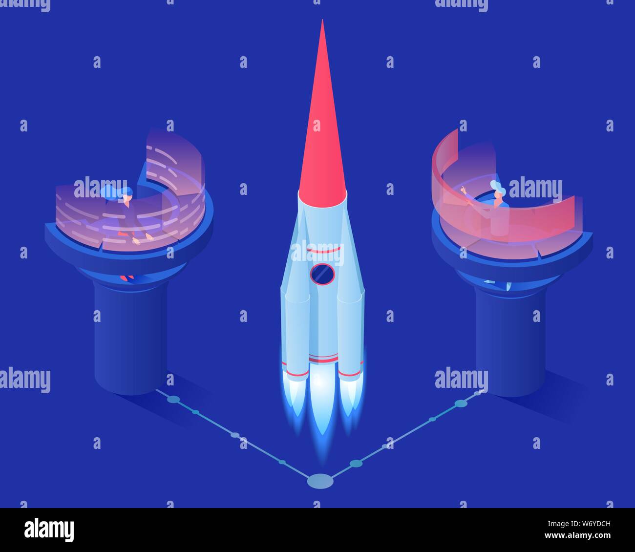 Rocket Launch Vektor isometrische Darstellung. Raumstation Arbeiter, Ingenieure Überwachung 3d shuttle Liftoff. Research Center Experten, Navigation Betreiber an futuristischen AR Bildschirmen arbeiten Stock Vektor Rocket Launch Vektor isometrische Darstellung. Raumstation Arbeiter, Ingenieure Überwachung 3d shuttle Liftoff. Research Center Experten, Navigation Betreiber an futuristischen AR Bildschirmen arbeiten Stock Vektor