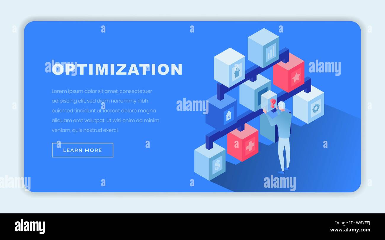 Optimierte Lösungen isometrische Landing Page Template. 3d-Ökonom, Finanzexperte, Entscheidungen zu treffen, die Wahl der Problemlösung Optionen cartoon Charakter. Consulting Agentur Webseite design Layout Stock Vektor