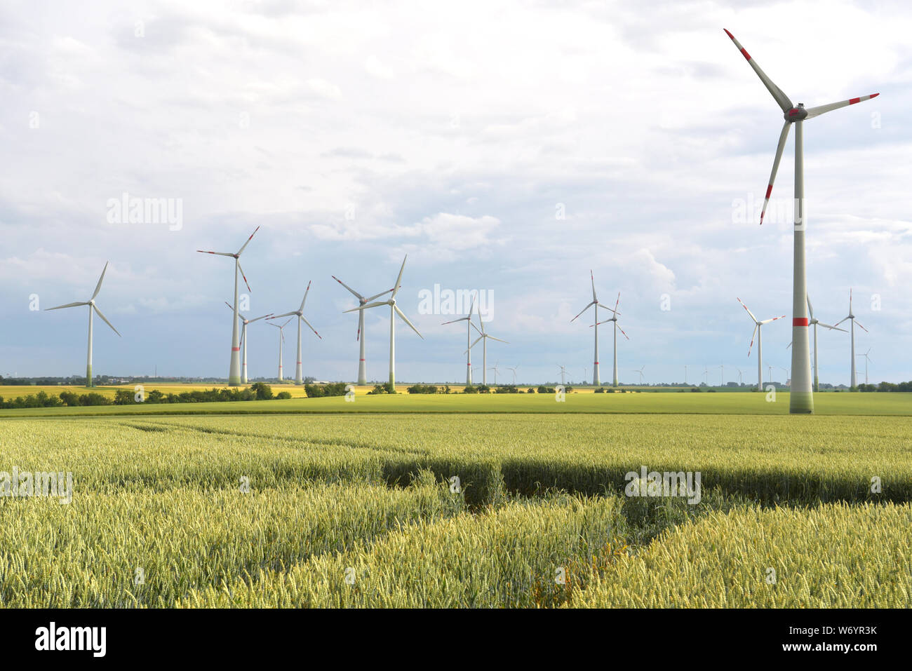 Erneuerbare Energien - Stromerzeugung mit Windkraftanlagen in einem Windpark Stockfoto