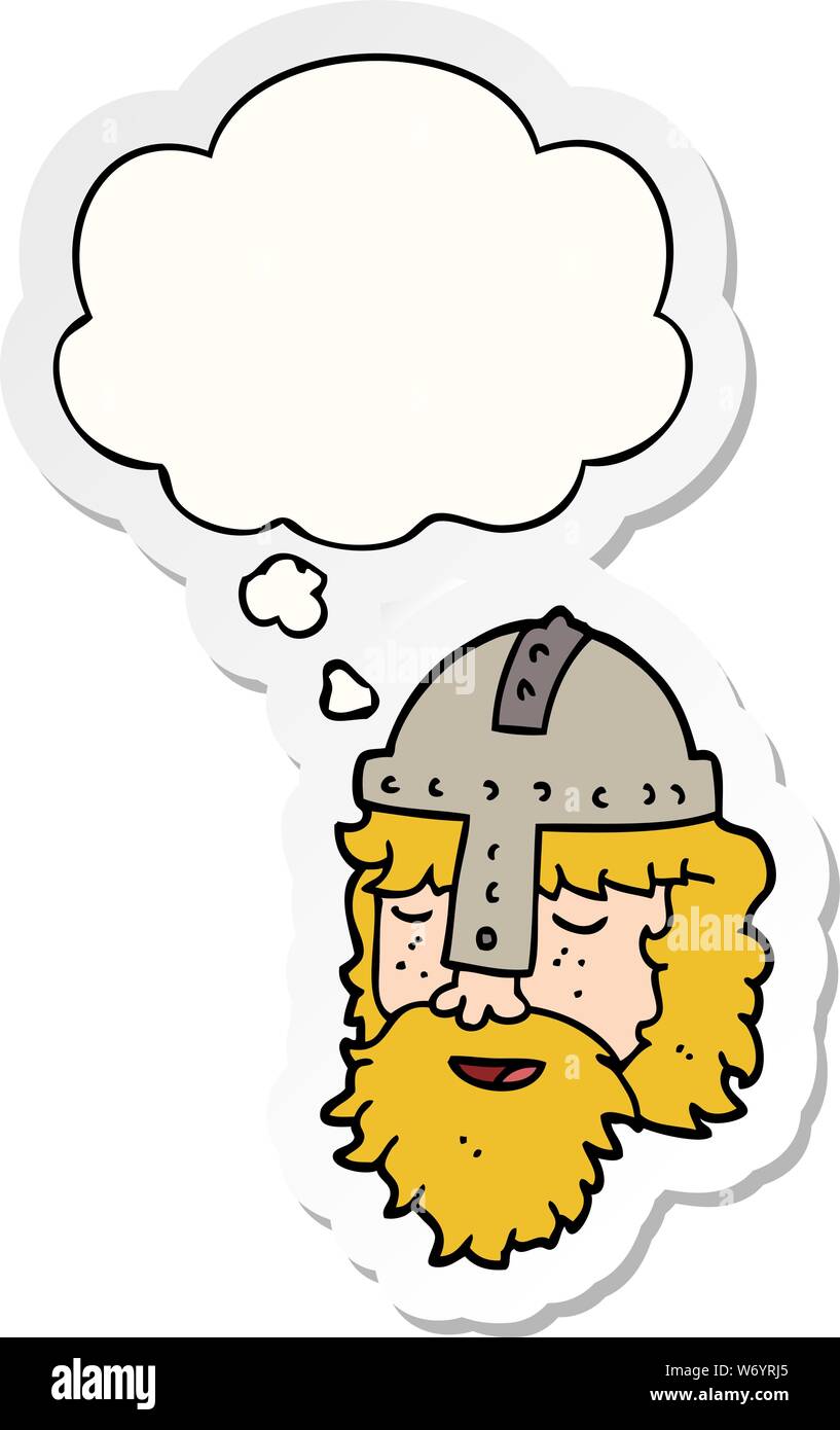 Cartoon viking Gesicht mit dachte Bubble als gedruckte Aufkleber Stock Vektor