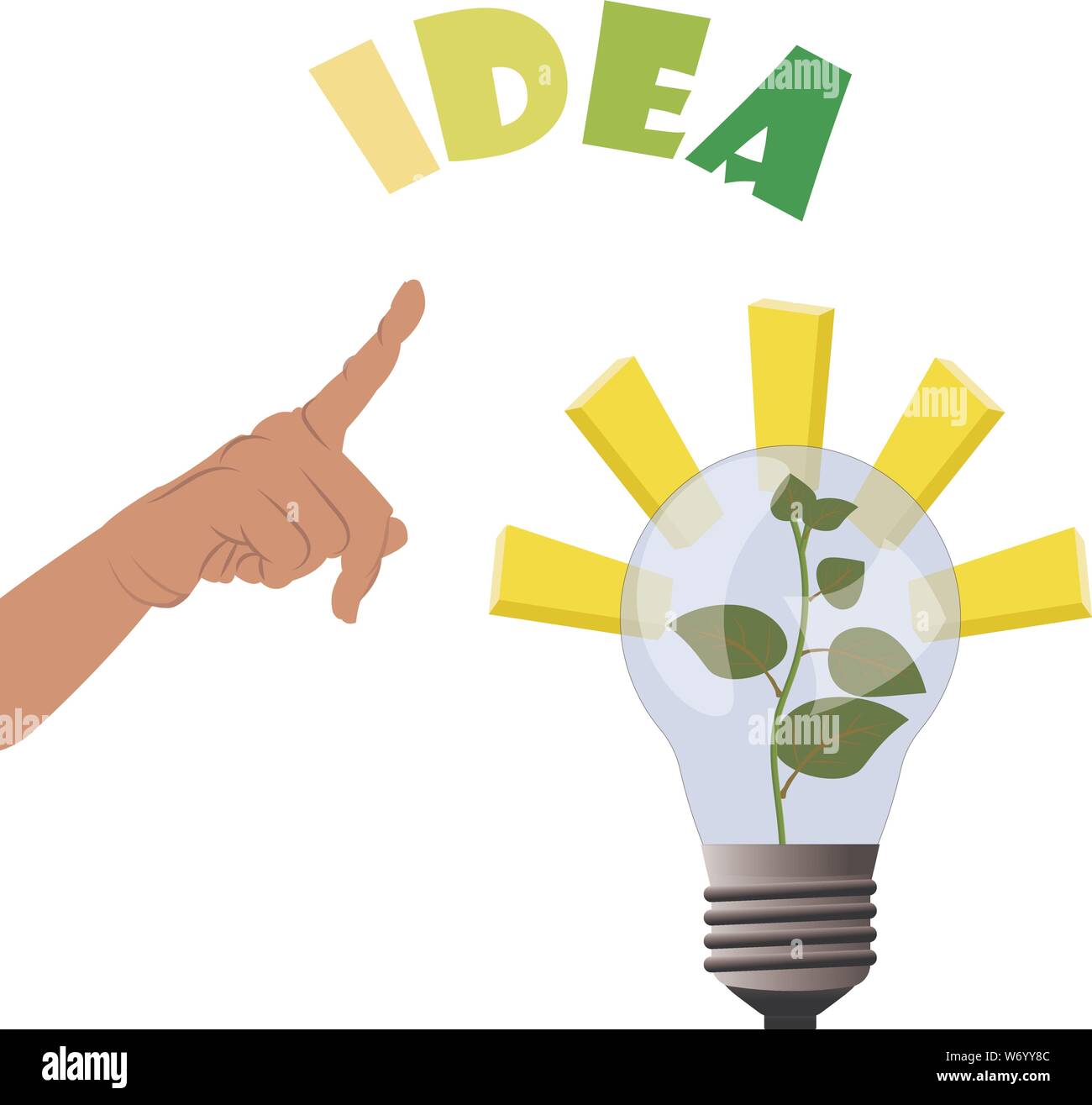 Zeigende Hand zu Pflanzen in der Lampe wachsen - Licht und Inspirationen für Geschäftsidee, Geld zu verdienen und wächst nach oben. Vector Illustration für Busin Stock Vektor