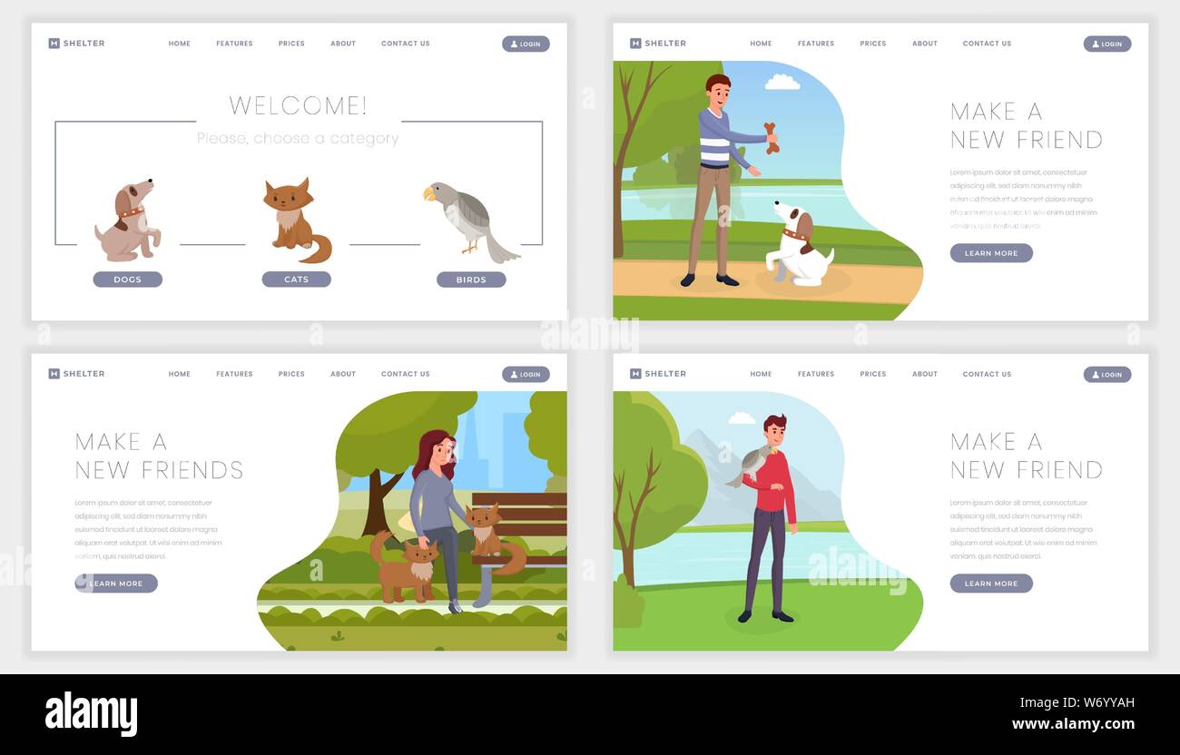 Pet-Tierheim Landing Pages. Neuen Freund zu machen, finden Sie Hunde- Begleiter Motto, einen Slogan für verlassene Tiere Mitte kümmern. Freiwillige Rettung verloren, Welpen, Katzen, exotische Vögel website design Layout Stock Vektor