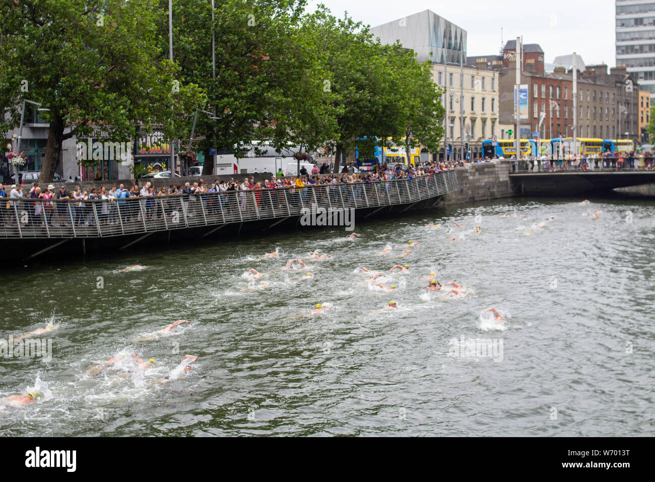 Massen an den Kai, wie das 100-jährliche Liffey Swim in Dublin, Irland. In diesem Jahr Rennen lockte 600 Teilnehmer. Stockfoto