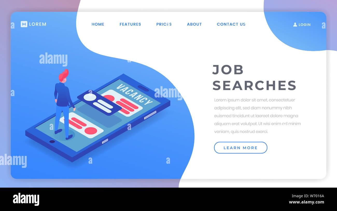 Job suchen isometrische Landing Page Template. Arbeitslose Menschen Auswahl Stellenangebote auf Internet, mobile Anwendung homepage Layout. HR agent Entsendung Stellenangebot online Abbildung Stock Vektor