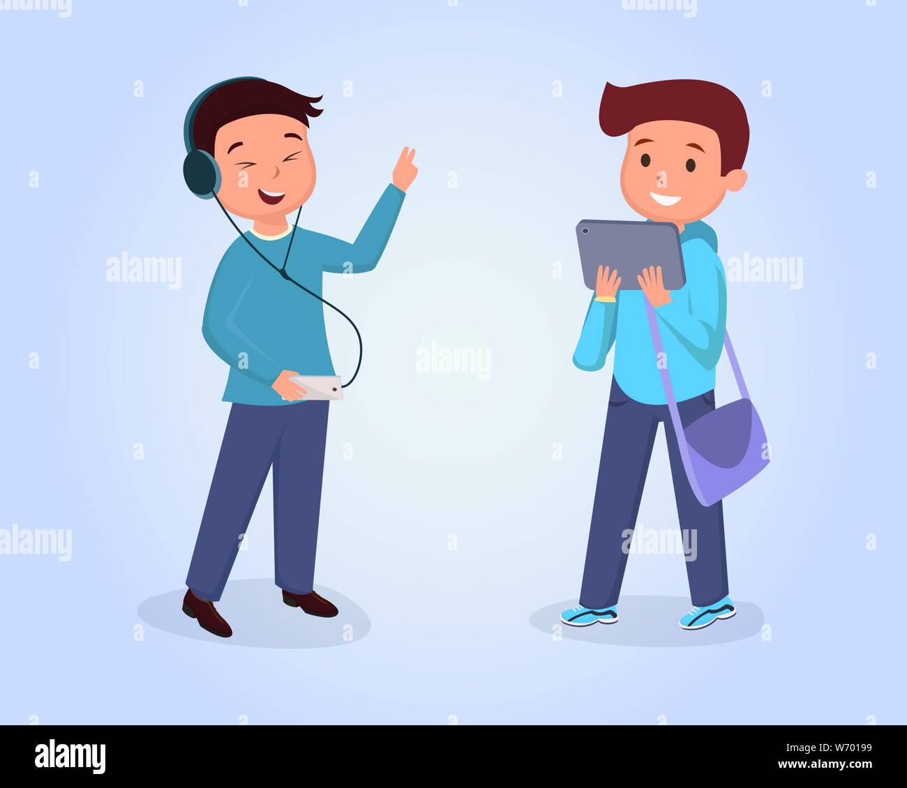 Teen Freunde Treffen Flachbild Vector Illustration Schuler Kopfhorer Tragen Horen Musik Schoolkid Mit Tasche Mit Tablet Cartoon Zeichen Gesetzt Klassenkameraden Isoliert Clipart Auf Blauem Hintergrund Stock Vektorgrafik Alamy