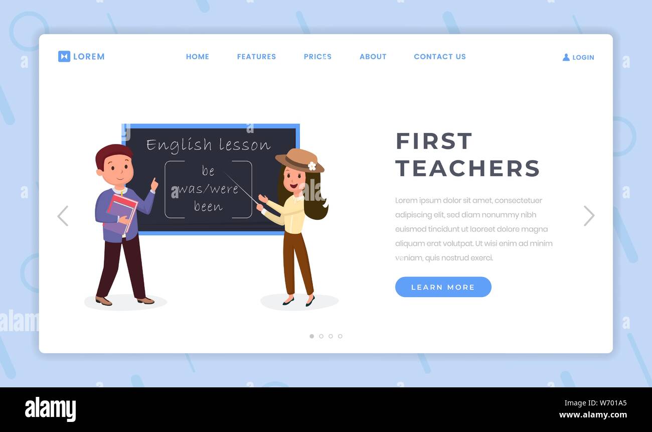 Erste Lehrer landing page Flachbild Vorlage. Englischkurse und Sprachkurse homepage Layout. Tutor an der Tafel zeigen, Muttersprachler holding Bücher cartoon Zeichen Stock Vektor