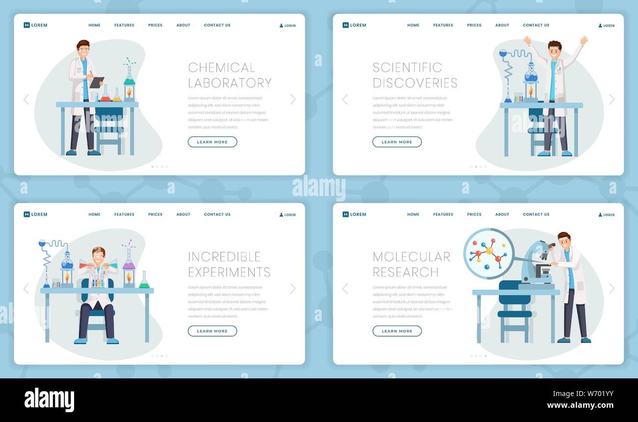 Chemisches Labor vektor Landing Pages vorlagen. Cartoon Forscher, Wissenschaftler tun Tests, Experimente, Moleküle zu studieren, und Entdeckungen. Innovative Research Center Webseite design Layout Stock Vektor