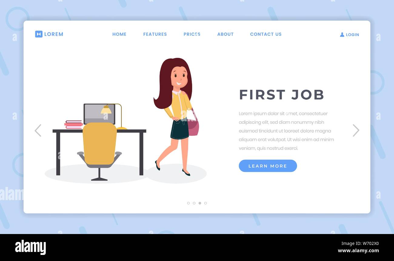 Erster job landing page Flachbild Vorlage. Weibliche lächelnde Angestellte in privaten Büros, fröhlicher junger Manager, Sekretärin homepage Layout. Büroangestellter moderner Arbeitsplatz, Arbeitsbereich Abbildung Stock Vektor