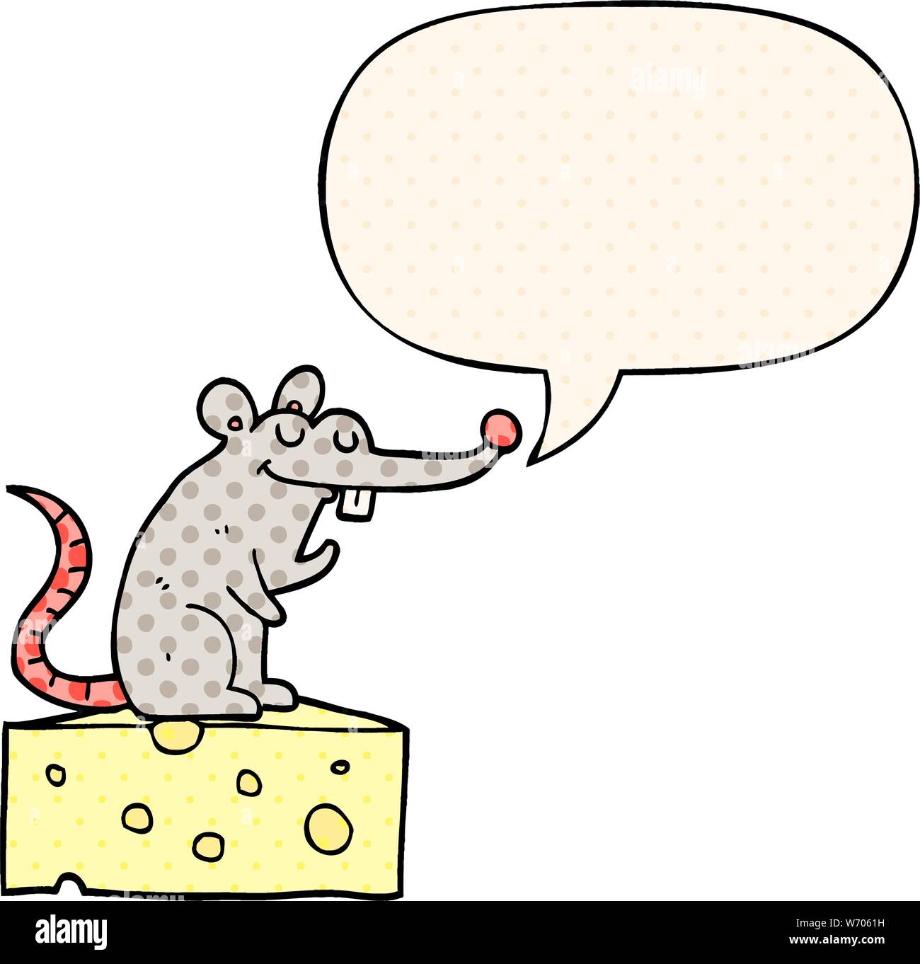 Cartoon Maus Auf Käse mit Sprechblasen im Comic Stil Stock Vektor