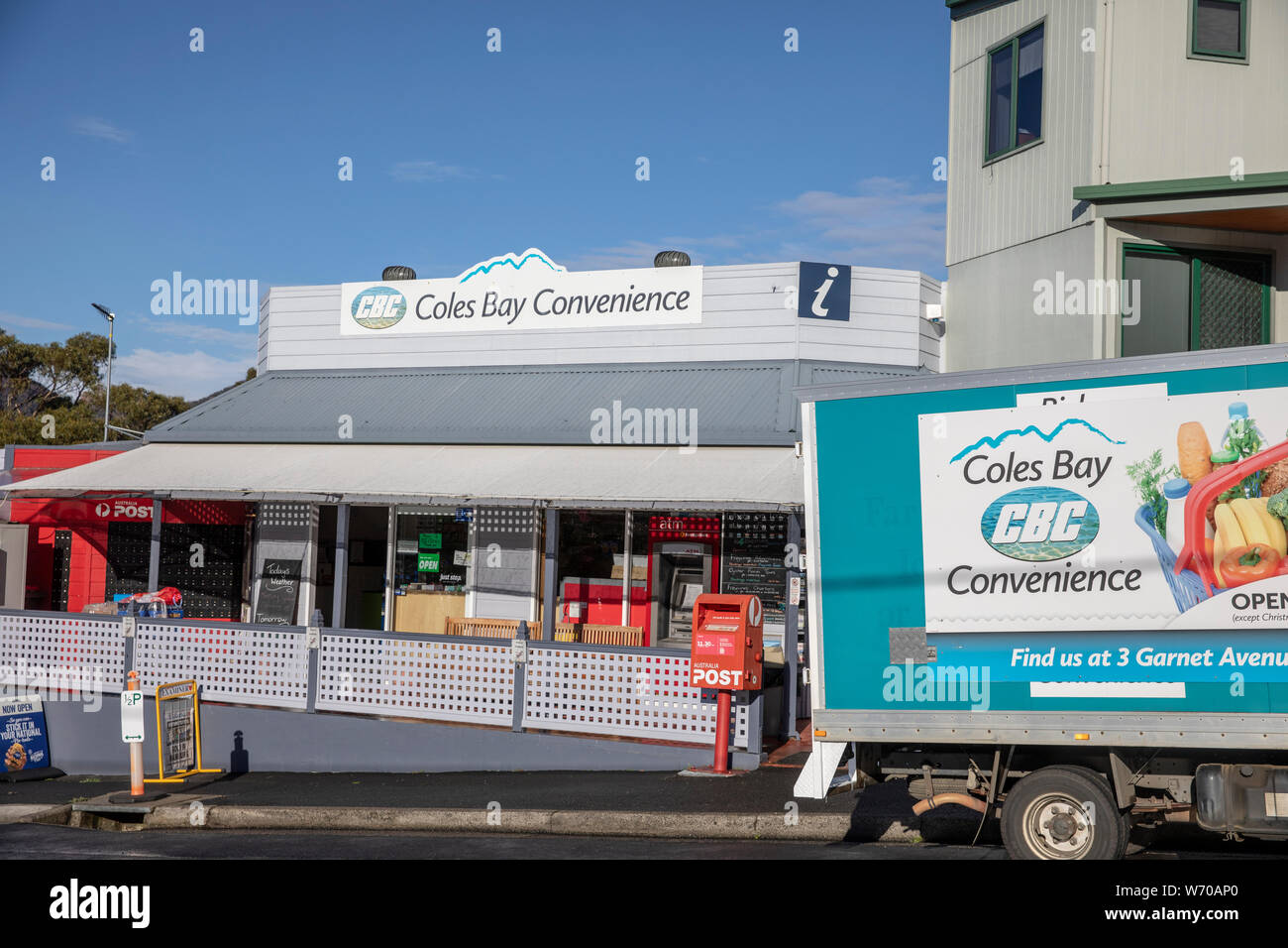 Tasmania Coles Bay und den lokalen Convenience Store Shop, Tasmanien, Australien Stockfoto