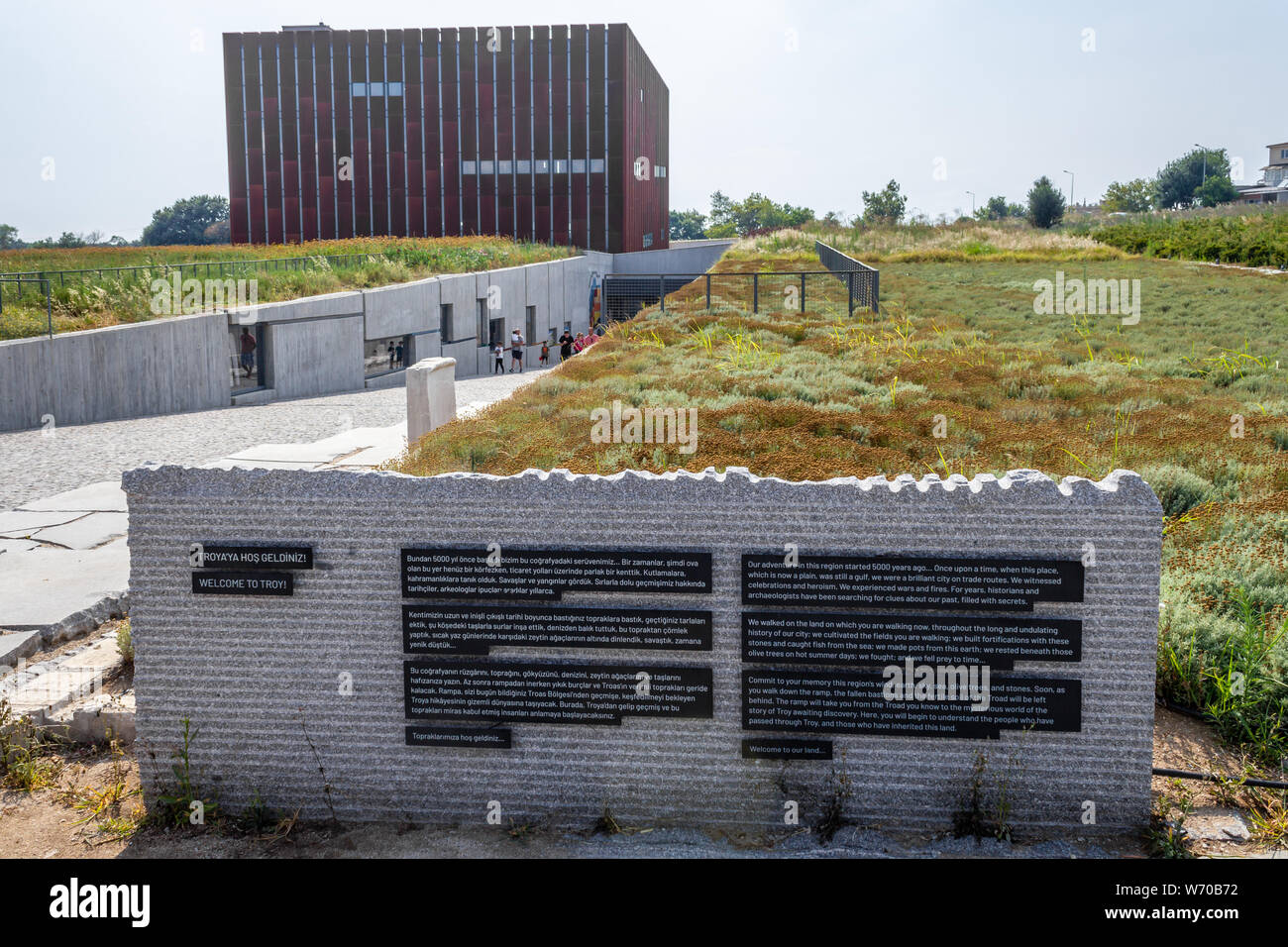 Canakkale/Türkei - vom 14. Juli 2019: Troy Museum Außenansicht. Archäologische Stätte von Troja ist ein UNESCO Weltkulturerbe Stockfoto