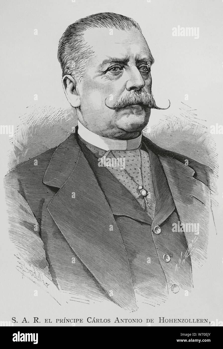 Príncipe Carlos Antonio de Hohenzollern-Sigmaringen (1811-1885). Jefe de la casa Hohenzollern-Sigmarigen y Primer Ministro de Preussen. Dibujo por Badillo. Grabado por Arturo Carretero (1852-1903). La Ilustración Española y Americana, 22 de febrero de 1883. Stockfoto