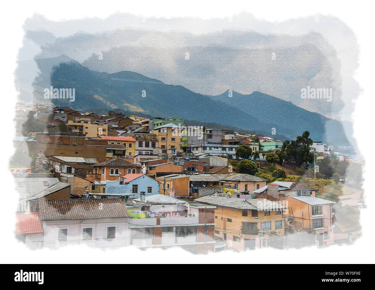 Stadt Quito Equador zeigt Häuser und die Hügel im Hintergrund. Digitale Zeichnung Stockfoto