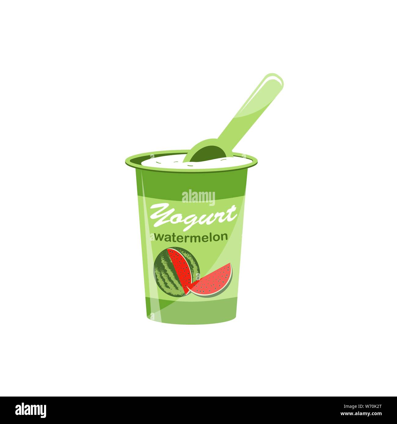 Verpackung Joghurt mit einem Teelöffel. Wassermelone - gewürzter Joghurt. Vector Illustration Stock Vektor