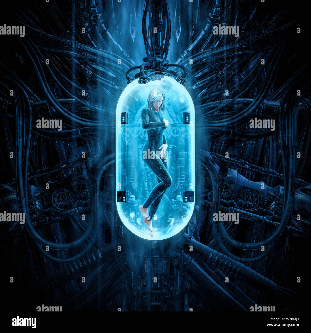 Die Frau Klon Pod/3D-Darstellung der science fiction Szene mit der weiblichen Figur im Inneren komplexe futuristische alien Inkubator klonen Machin Stockfoto