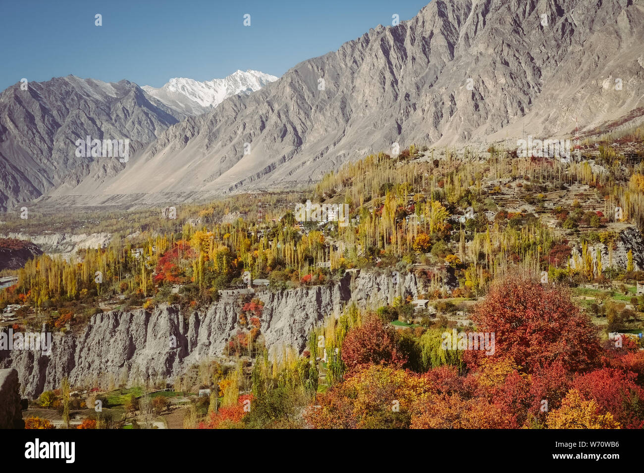 Buntes laub wald Bäume in Hunza Tal gegen Karakorum-gebirge im Herbst Saison. Gilgit Baltistan, Pakistan. Stockfoto