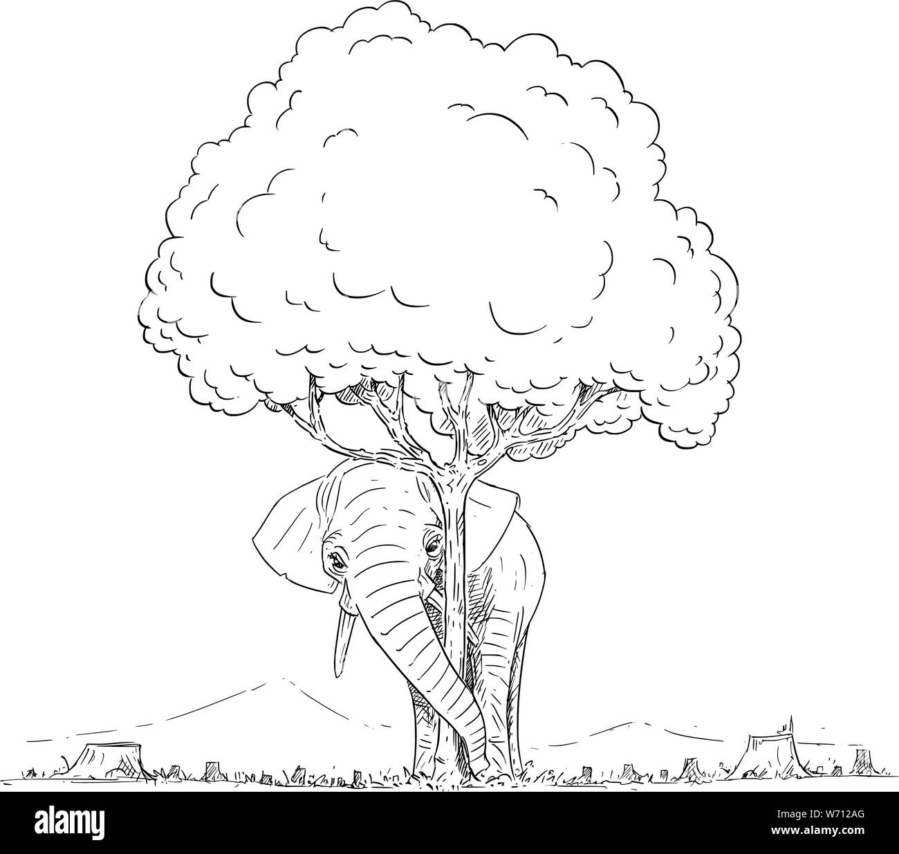 Vektor Komikbild konzeptionelle Darstellung der Elefant versteckt sich hinter letzte Baum, die sich aus dem gehackten Wald links. Die letzten Elefanten Herde ist versteckt in den letzten Wald. Umweltkonzept. Stock Vektor
