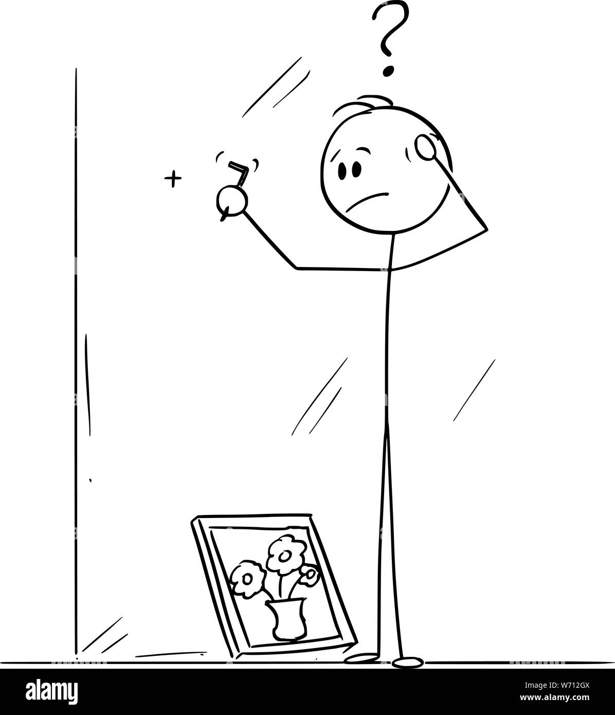 Vektor cartoon Strichmännchen Zeichnen konzeptionelle Darstellung des Menschen denken, wie sie Malen von Blumen in Vase auf Leinwand gemalt an der Wand im Innenbereich zu hängen. Stock Vektor