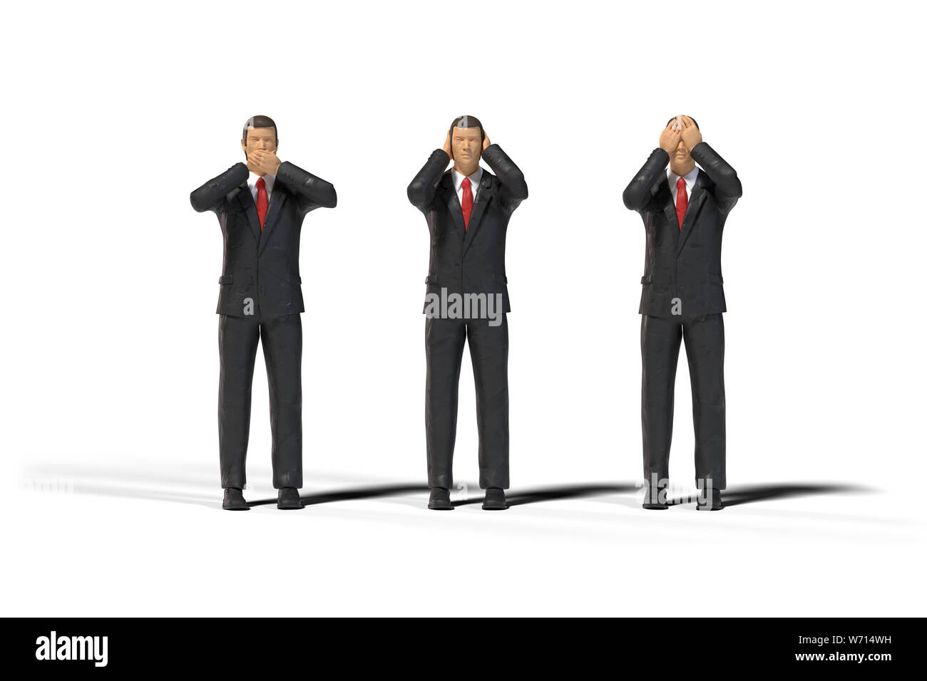 3 Miniatur Abbildung Geschäftsleute in drei Affen Pose auf weißem Hintergrund (nichts sehen, nichts böses hören, nichts böses sprechen) Stockfoto