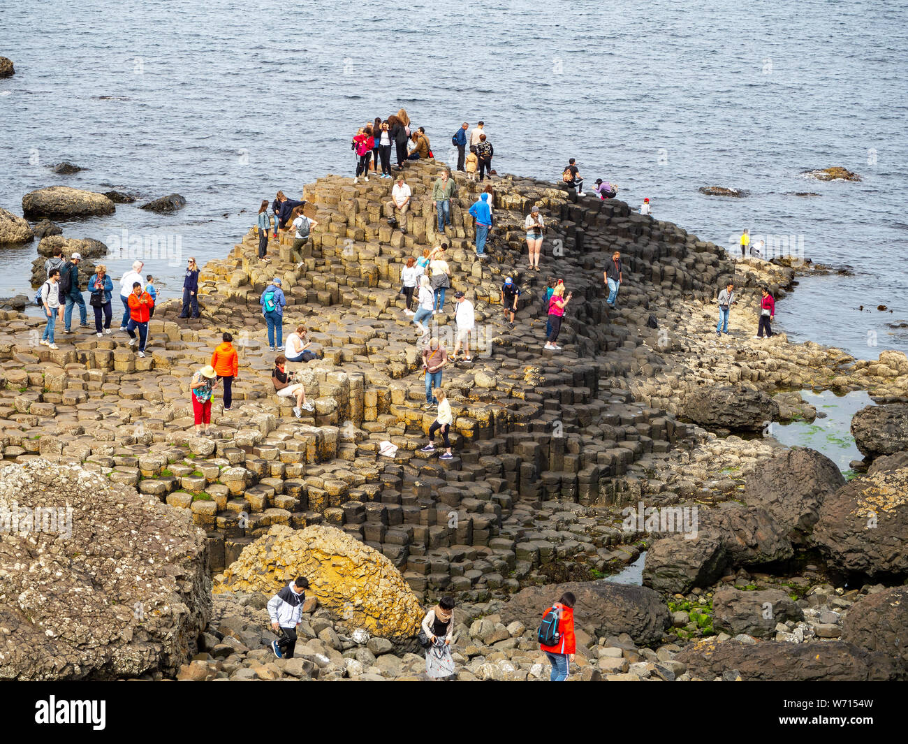 County Antrim, Nordirland, Großbritannien - 17 Juli, 2019: Besucher auf Giant's Causeway, einzigartige sechseckige geologische Formation der vulkanischen Basaltgestein. Stockfoto
