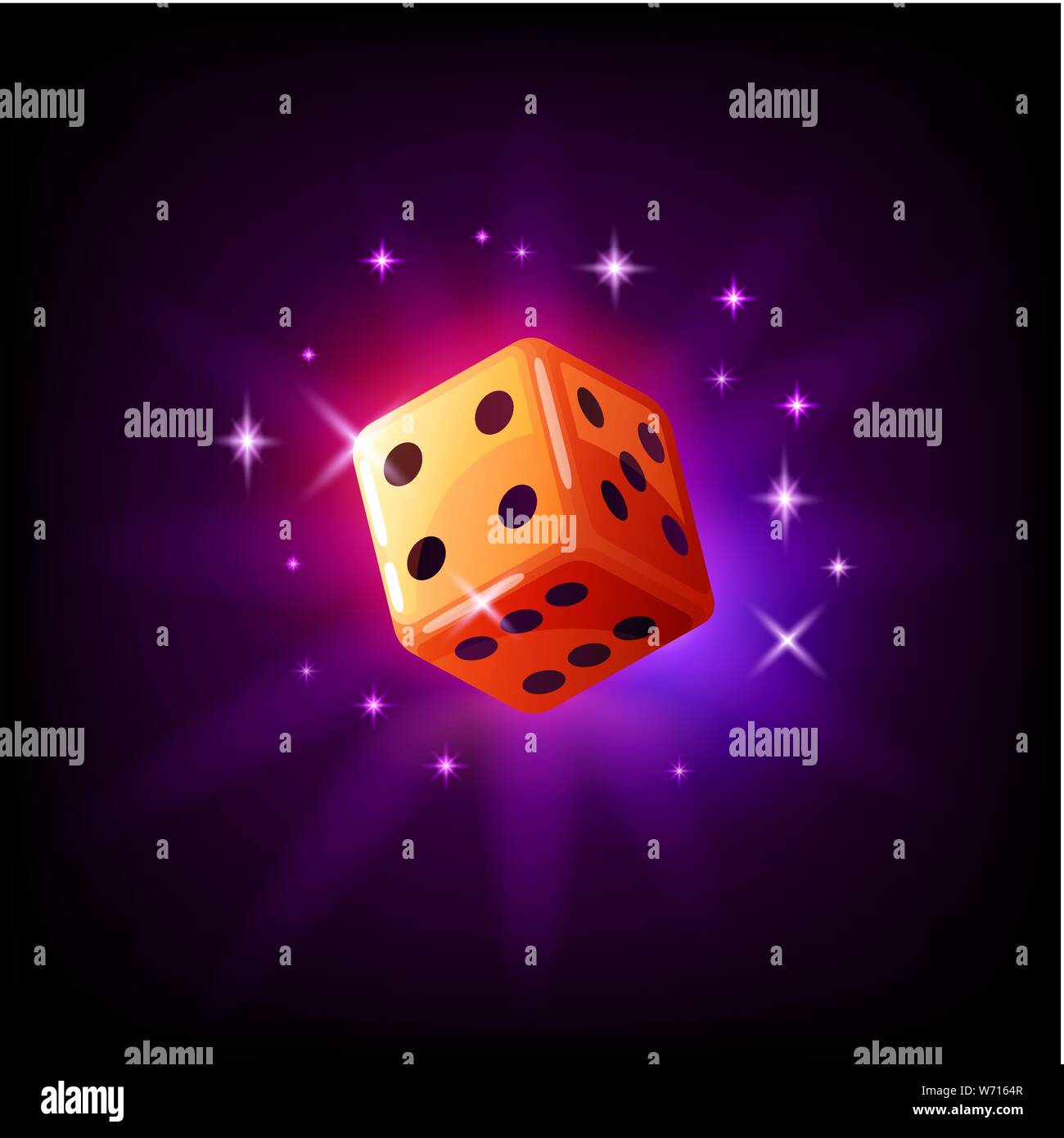Orange Spiel Würfel im Flug mit funkelt Steckplatz Symbol für online Casino oder Mobile Game, Vector Illustration auf dunkel lila Hintergrund. Stock Vektor