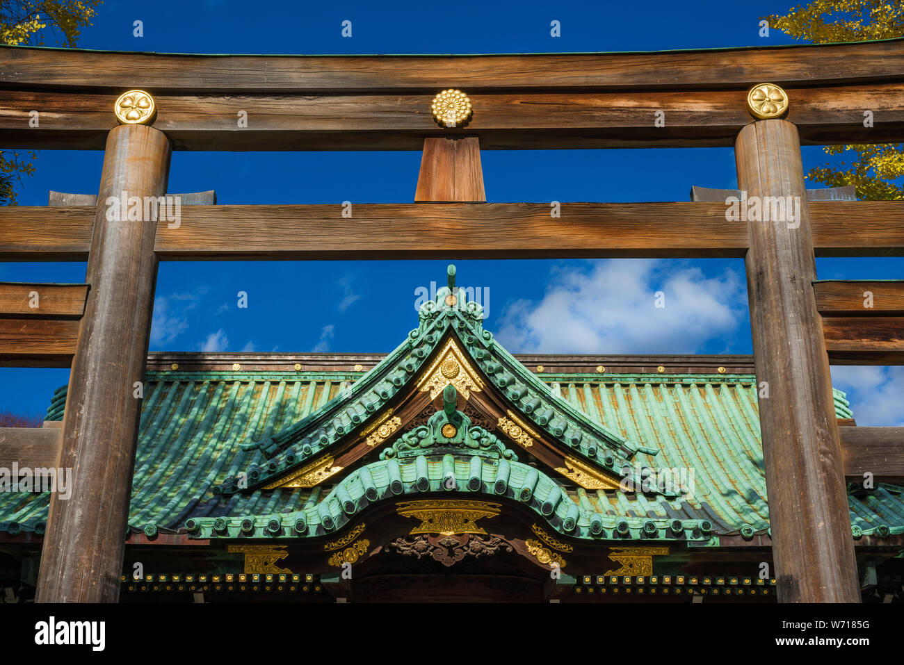 Religion und Spiritualität in Tokio. Ushijima Schrein Hölzernen (traditionelle japanische Tor) mit schönen gelben Ginkgoblätter Stockfoto