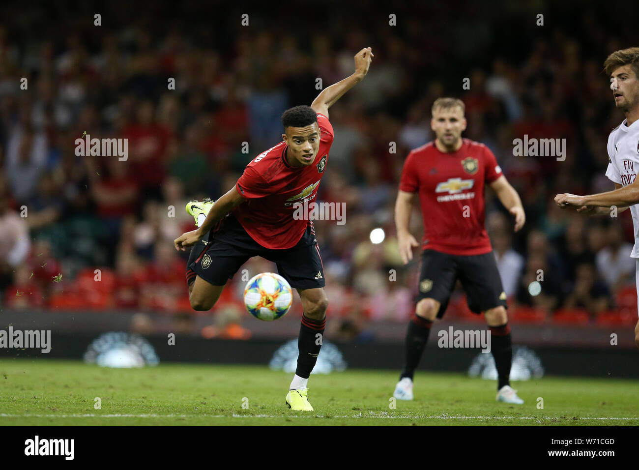 Mason Greenwood von Manchester Utd in Aktion. Internationalen Champions Cup match, Manchester Utd v AC Mailand im Fürstentum Stadium in Cardiff am Samstag, den 3. August 2019. Dieses Bild dürfen nur für redaktionelle Zwecke verwendet werden. Nur die redaktionelle Nutzung, eine Lizenz für die gewerbliche Nutzung erforderlich. Keine Verwendung in Wetten, Spiele oder einer einzelnen Verein/Liga/player Publikationen. pic von Andrew Obstgarten/Andrew Orchard sport Fotografie/Alamy leben Nachrichten Stockfoto