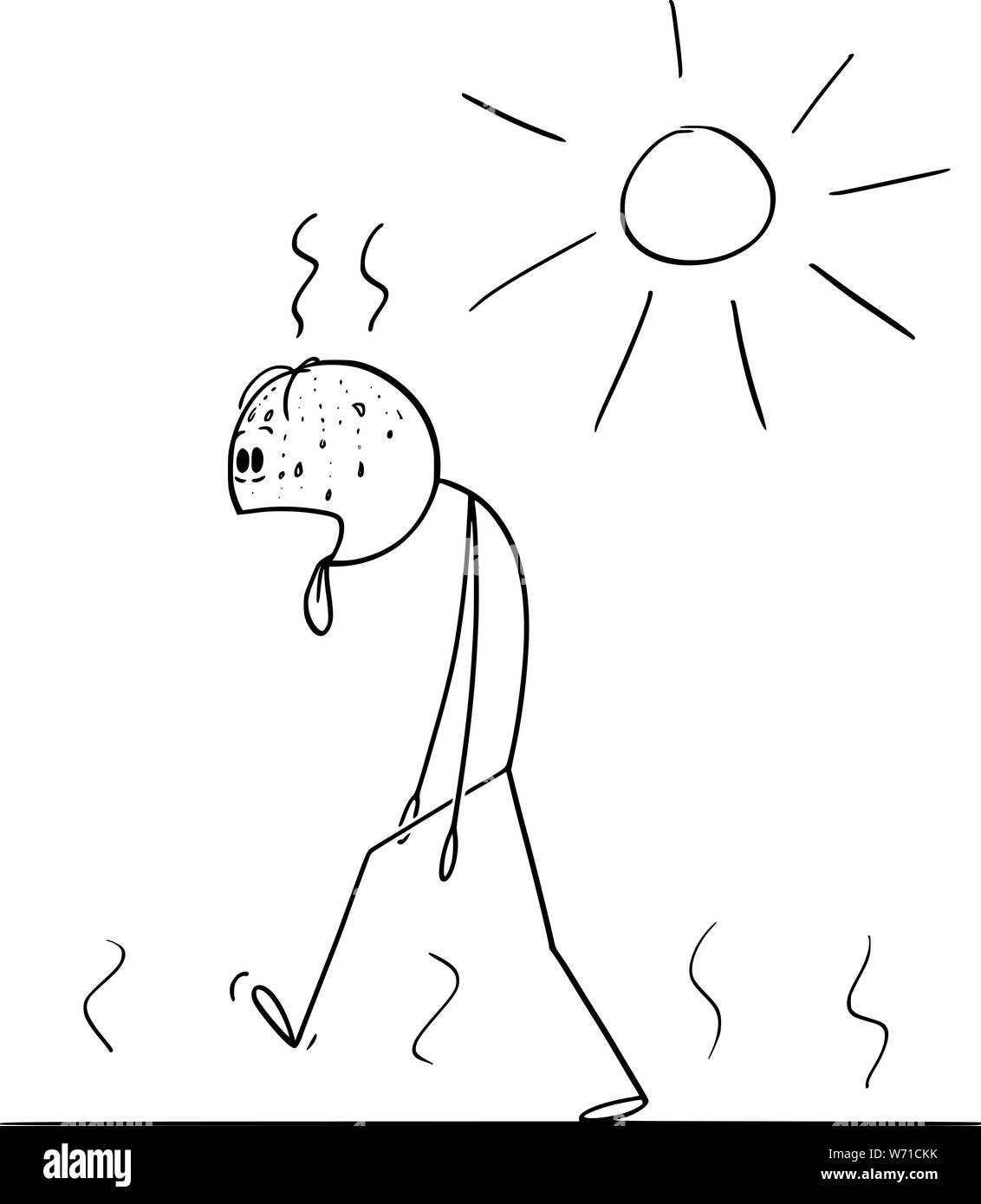 Vektor cartoon Strichmännchen Zeichnen konzeptionelle Darstellung der Durst und erschöpft Man Walking im sonnigen Tag im Sommer mit herausgestreckter Zunge räkelt. Stock Vektor