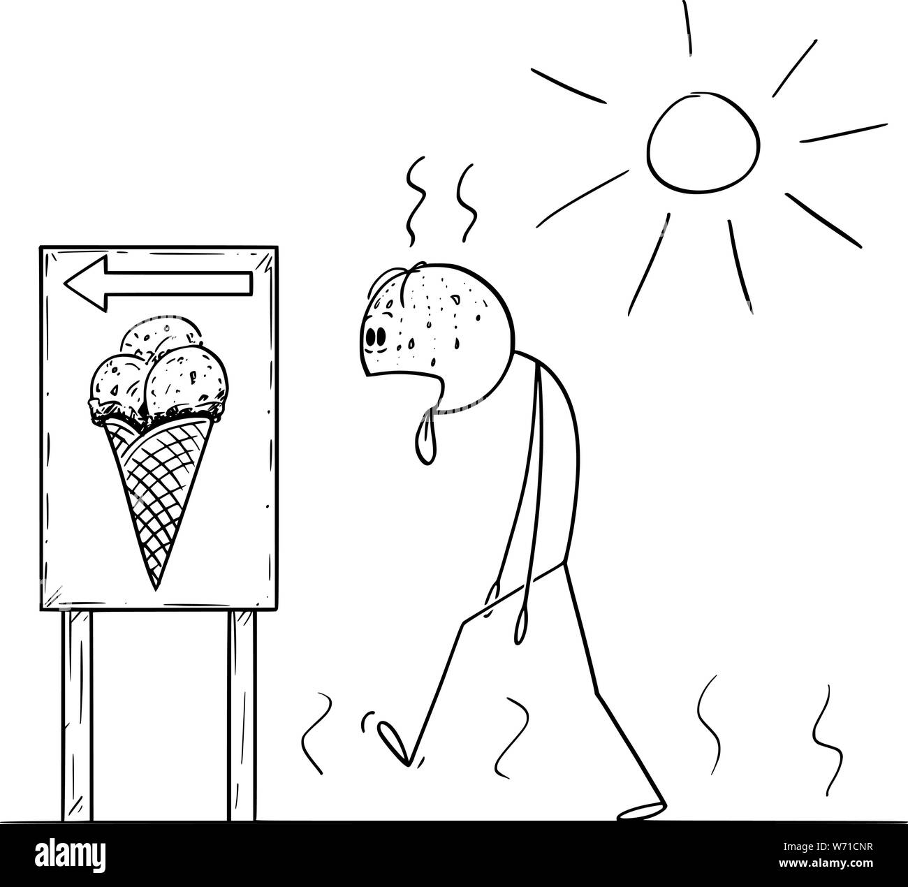 Vektor cartoon Strichmännchen Zeichnen konzeptionelle Darstellung der erschöpften Mann in sonniger Tag im Sommer Eis mit Zunge zu kaufen, Räkelt. Stock Vektor