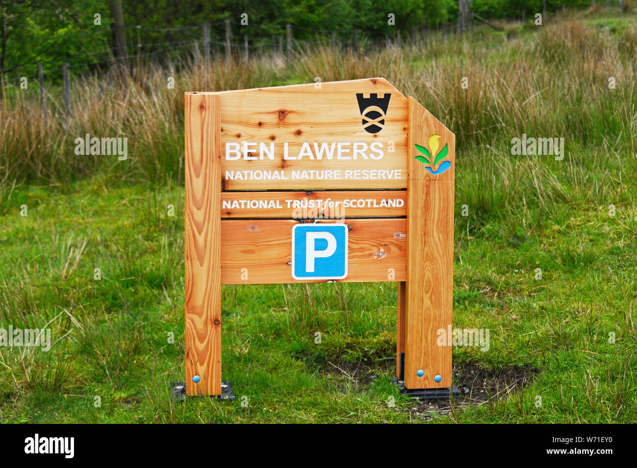 Namensschild. Ben Lawers National National Nature Reserve. National Trust für Schottland. Perth und Kinross, Schottland, Großbritannien, Europa. Stockfoto