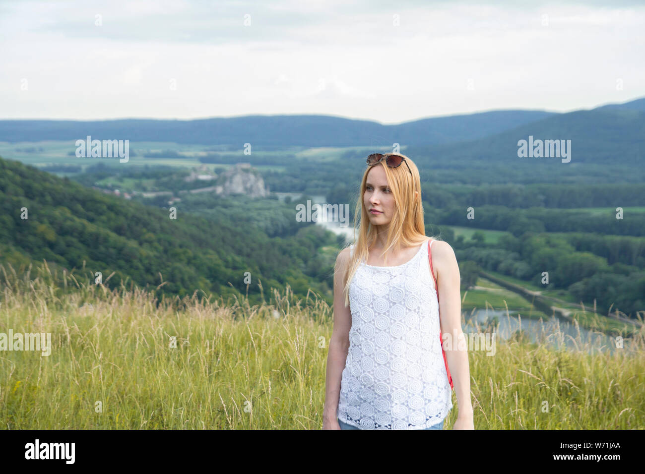 Attraktive Frau im sommer wiese Stockfoto