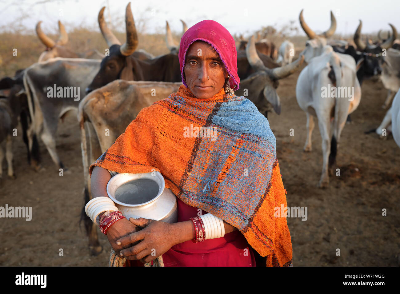 Rabari Frau in einem ländlichen Dorf im Bezirk von Kutch, Gujarat. Die Region Kutch ist bekannt für seine Stammesleben und traditionelle Kultur bekannt. Stockfoto