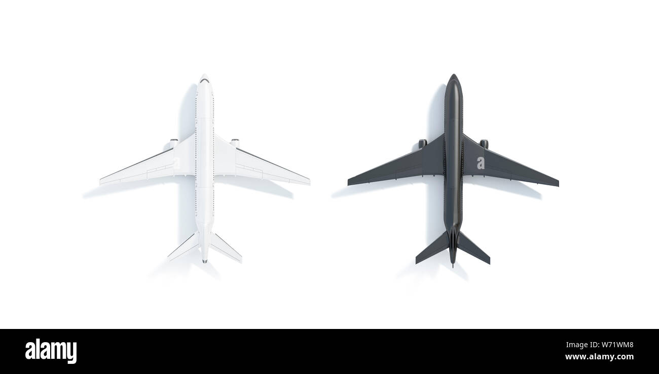 Leere schwarze und weiße Flugzeug mockup stand, Ansicht von oben isoliert, 3D-Rendering. Leeren Sie den gewerblichen Verkehr Luftfahrt mock up. Klar Charter Airline für b Stockfoto
