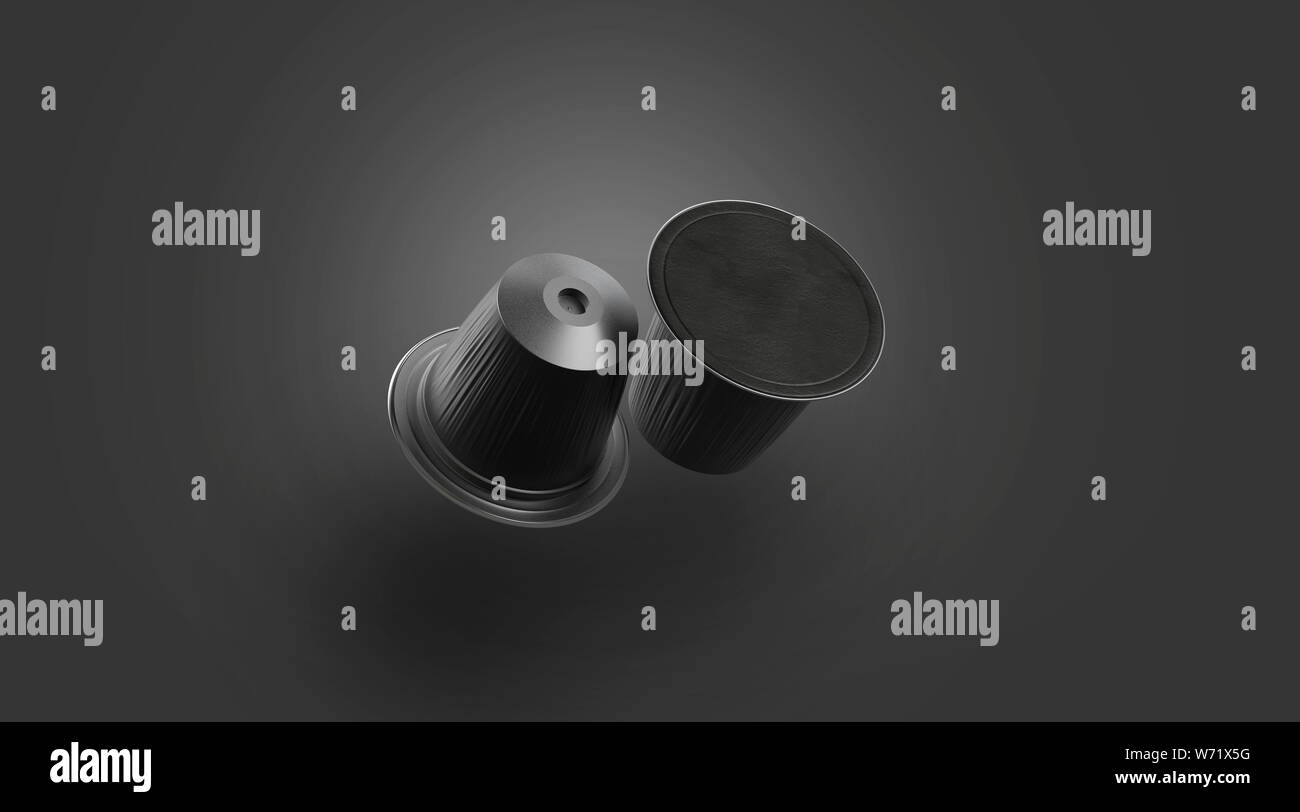 Leere Kunststoff schwarz/Kapsel Mockup, auf Dunkelheit isoliert, 3D-Rendering. Leeres Vakuum Box mit cofee Mock up, keine Schwerkraft. Klar Nespresso oder lat. Stockfoto