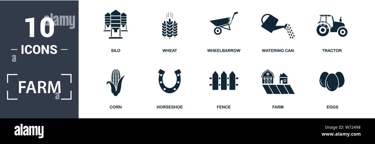 Bauernhof Icon Set. Gefüllt flachbild Traktor, Weizen, Silo, Schubkarre, Mais, Gießkanne, Eier, Horseshoe Symbole. Bearbeitbaren Format Stock Vektor