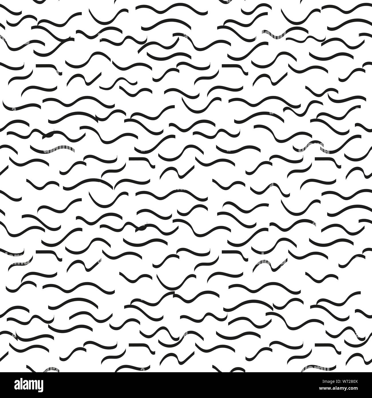 Wellenlinien Hand gezeichnet nahtlose Vektor Muster. Tinte Bürste Textur. Schwarze lockige Wellen auf weißem Hintergrund. Farbe pinselstrichen grunge Freihandzeichnen. Ein Stock Vektor