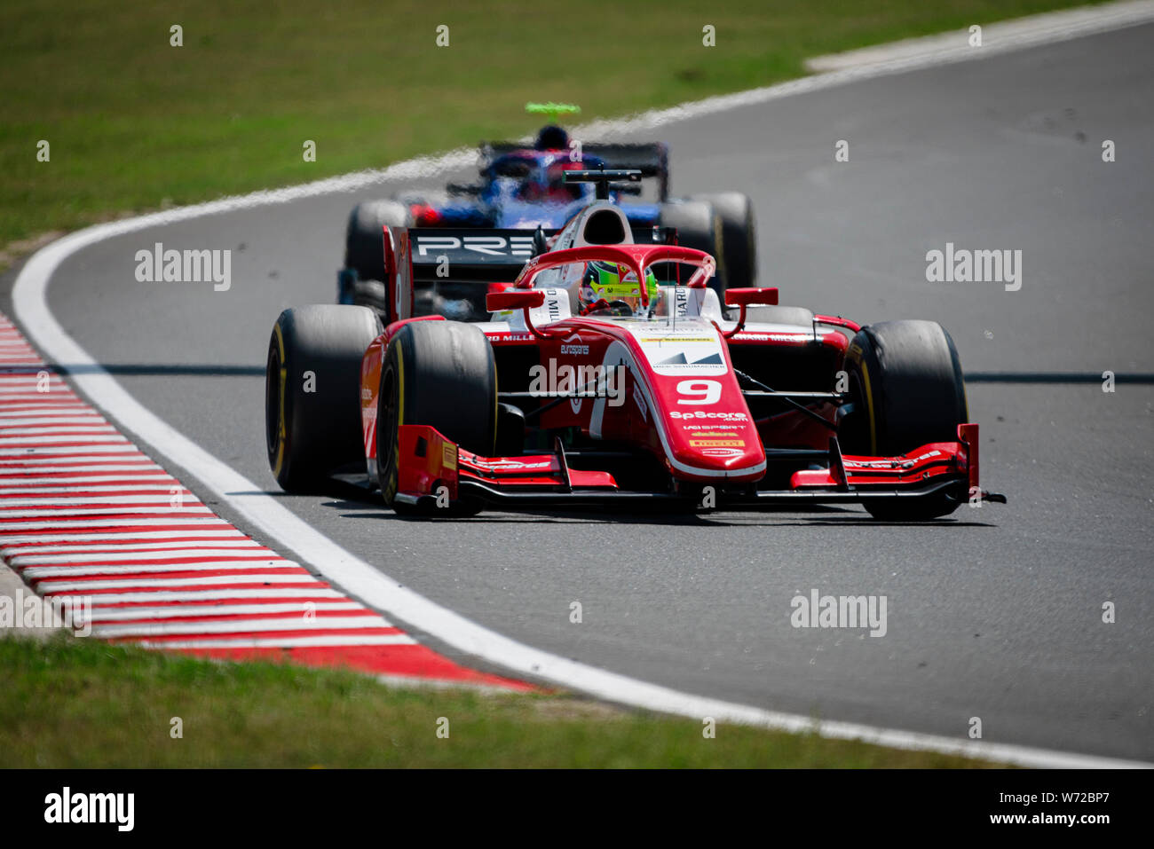 Prema Racing deutsche Rennfahrer Mick Schumacher konkurriert, während das zweite Rennen der FIA Formel 2 Meisterschaft auf dem Hungaroring in Budapest. Stockfoto