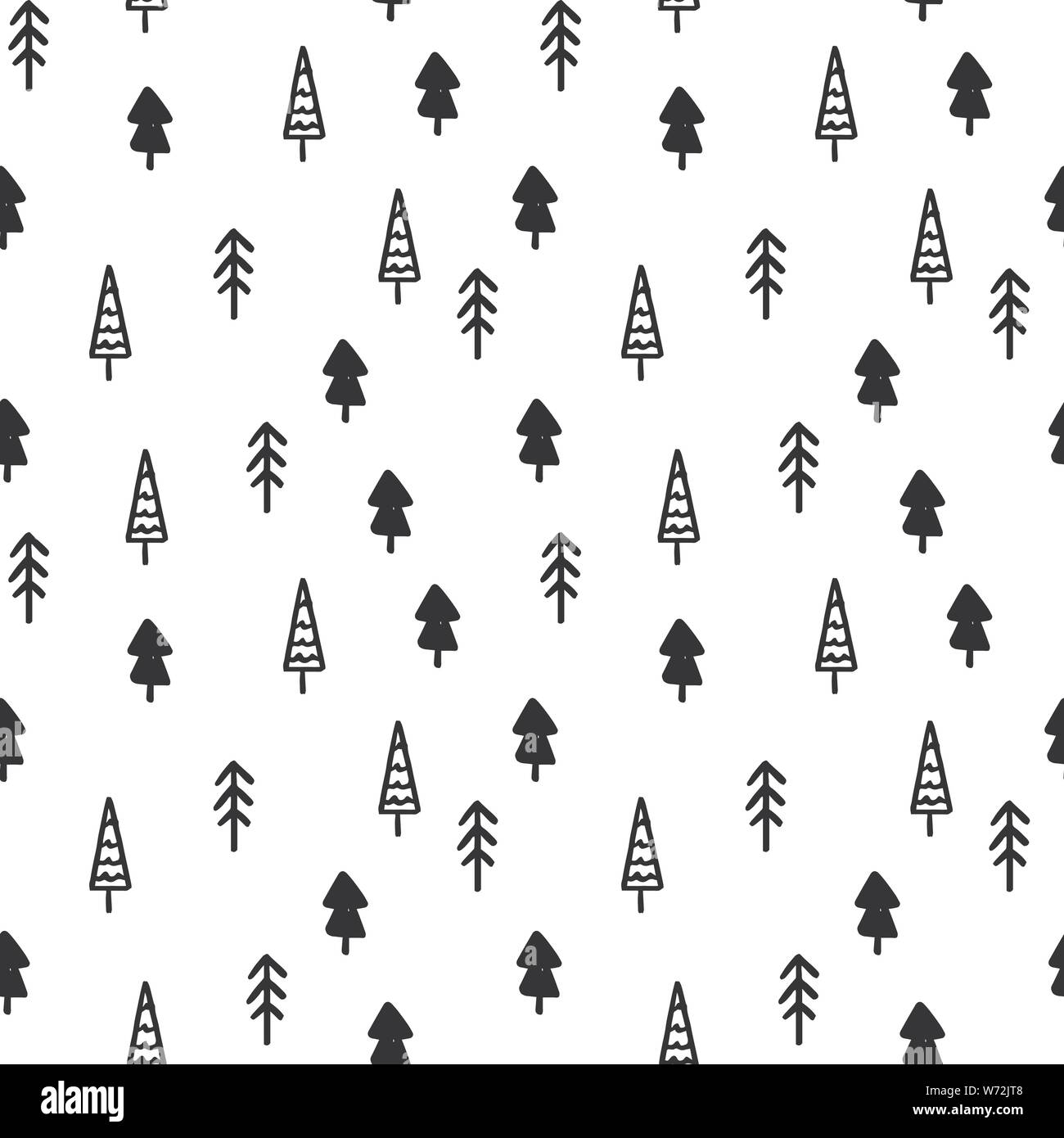 Hand zeichnen Weihnachtsbaum nahtlose Muster Farben Schwarz und Weiß. Monochromen Vector schlichten skandinavischen Hintergrund. Tinte Doodle Textur für das Neue Jahr 2020. Für Postkarten, Verpackung, Druck auf Gewebe Stock Vektor