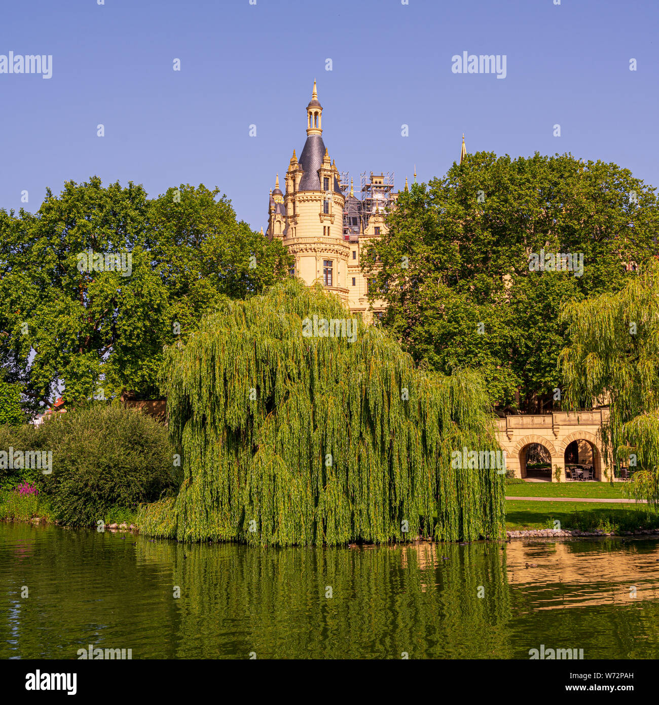 Die Zweige einer Trauerweide durch das Schweriner Schloss scheinen zu würdevoll Kaskade in den See. Stockfoto