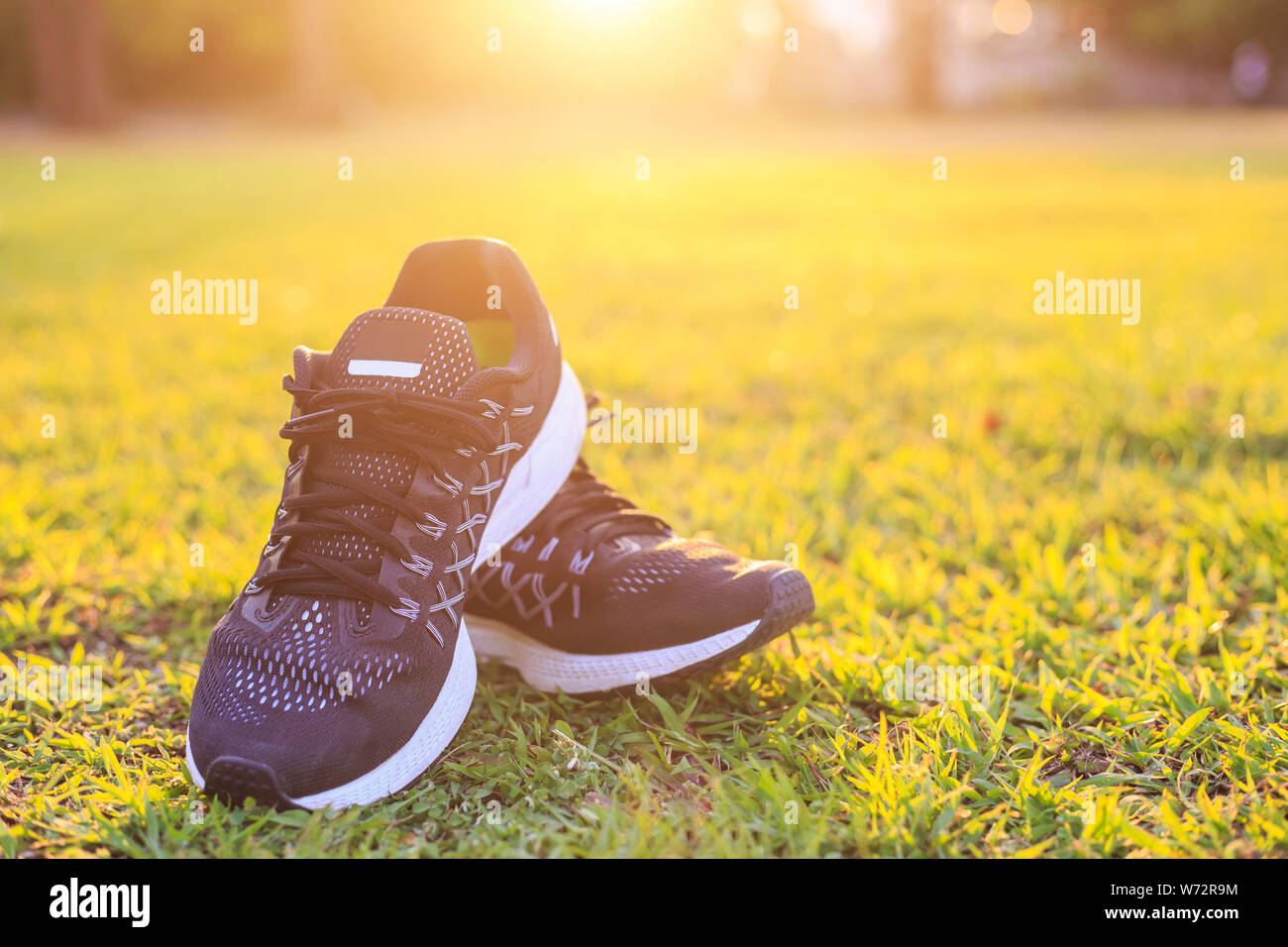 Close up neue Paare schwarz Schuhe/Sneaker Schuhe auf der grünen Wiese im Park bei Sonnenuntergang. Worm Ton, Sonnenlicht und lens flare Effekt w Stockfoto