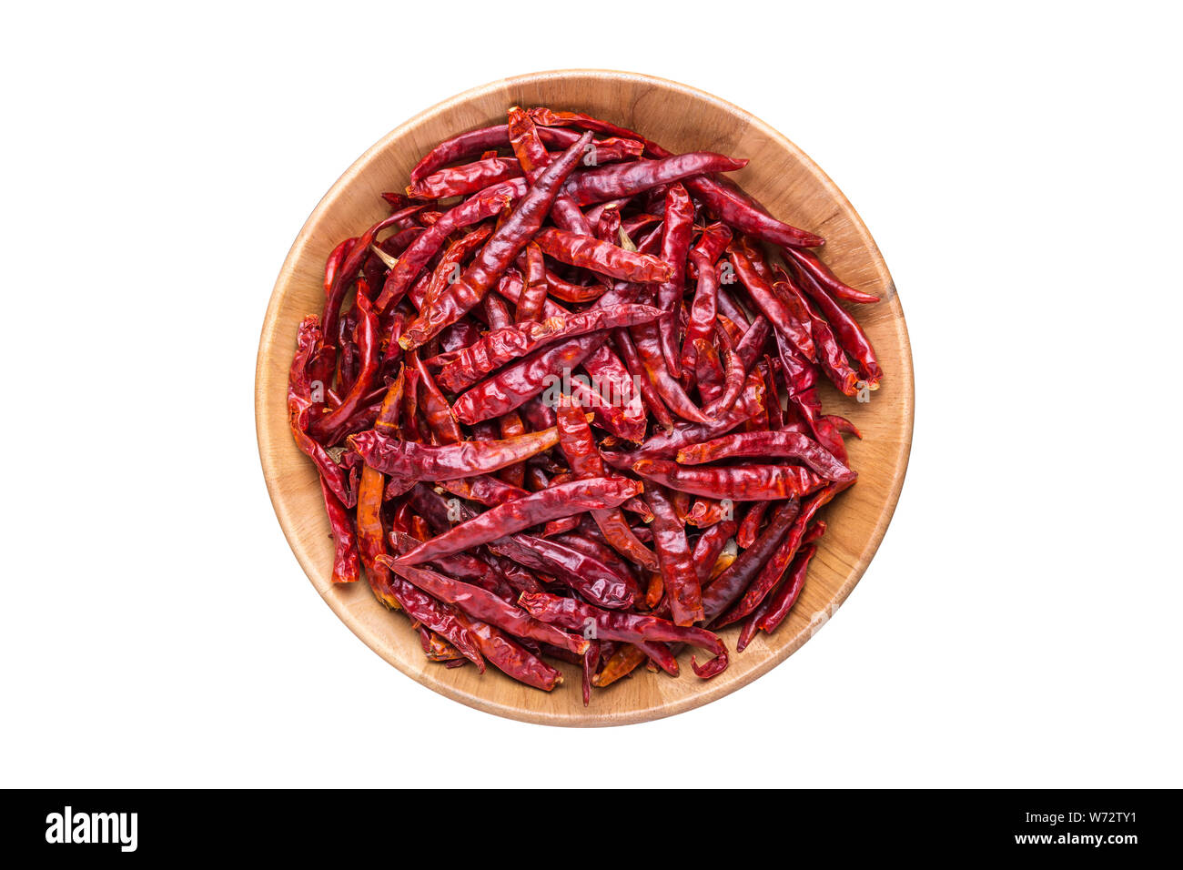 Ansicht von oben trocken red hot chili in Houten auf weißem Hintergrund Stockfoto