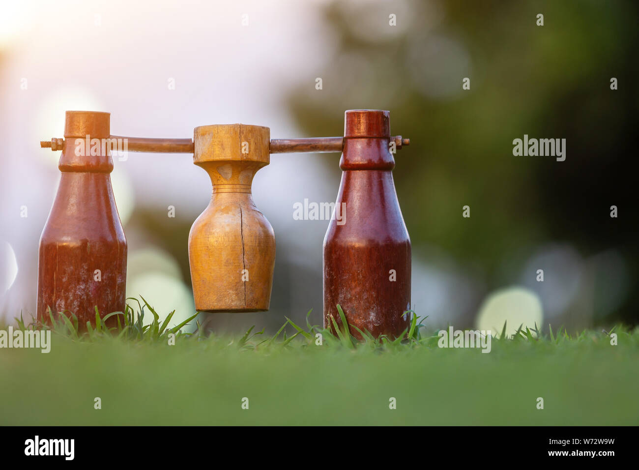 Elder Sport. Woodball Tor oder die Ziellinie auf dem grünen Feld Stockfoto