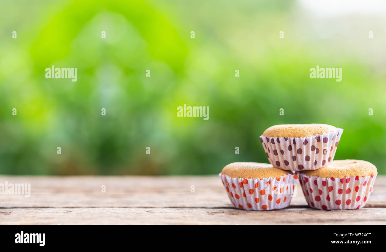 Alte Ei Kuchen in Pappbecher auf Holztisch mit grüne Natur leichte Unschärfe Hintergrund und Platz für Text, Design, Fotomontage oder Werbung Stockfoto