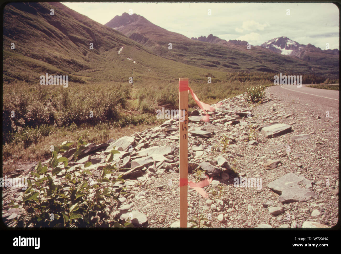 PIPELINE ÜBERQUERUNG DES TSINA River und dem Richardson Highway in Richtung Süden. Die BUCHSTABEN APSC AUF DER UMFRAGE PFAHL IN DER MITTE im Vordergrund stehen für ALYESKA PIPELINE SERVICE UNTERNEHMEN DER RICHTIGE NAME DES KONSORTIUMS, DAS WAR ZU BAUEN, um die 789 km lange Pipeline gebildet. 1,6 km 745-747, ALASKA PIPELINE ROUTE Stockfoto